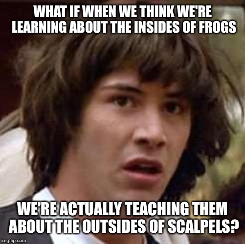 Conspiracy Keanu Meme | WHAT IF WHEN WE THINK WE'RE LEARNING ABOUT THE INSIDES OF FROGS WE'RE ACTUALLY TEACHING THEM ABOUT THE OUTSIDES OF SCALPELS? | image tagged in memes,conspiracy keanu | made w/ Imgflip meme maker
