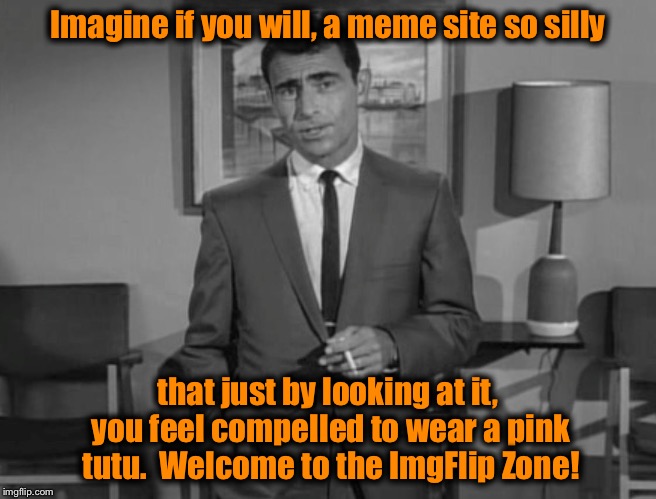 The ImgFlip Insane Society Presents....... | Imagine if you will, a meme site so silly; that just by looking at it, you feel compelled to wear a pink tutu.  Welcome to the ImgFlip Zone! | image tagged in rod serling imagine if you will,memes,funny memes | made w/ Imgflip meme maker