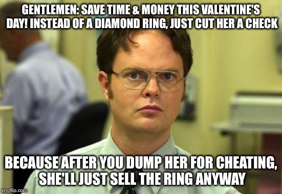 Dwight Schrute | GENTLEMEN: SAVE TIME & MONEY THIS VALENTINE'S DAY! INSTEAD OF A DIAMOND RING, JUST CUT HER A CHECK; BECAUSE AFTER YOU DUMP HER FOR CHEATING, SHE'LL JUST SELL THE RING ANYWAY | image tagged in memes,dwight schrute | made w/ Imgflip meme maker