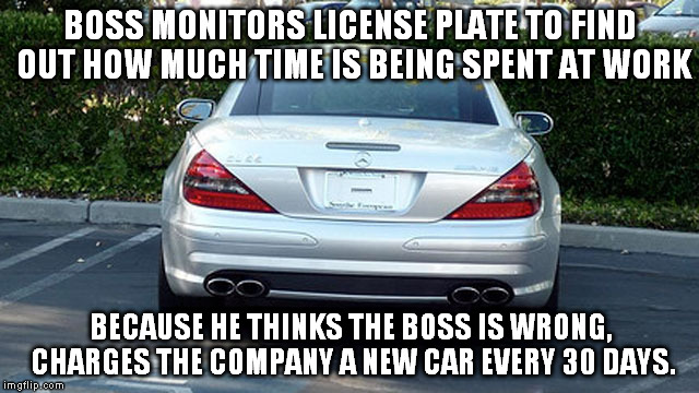 The legacy of the Gates and Jobs rivalry | BOSS MONITORS LICENSE PLATE TO FIND OUT HOW MUCH TIME IS BEING SPENT AT WORK; BECAUSE HE THINKS THE BOSS IS WRONG, CHARGES THE COMPANY A NEW CAR EVERY 30 DAYS. | image tagged in apple,microsoft,steve jobs,bill gates,steve jobs vs bill gates,memes | made w/ Imgflip meme maker