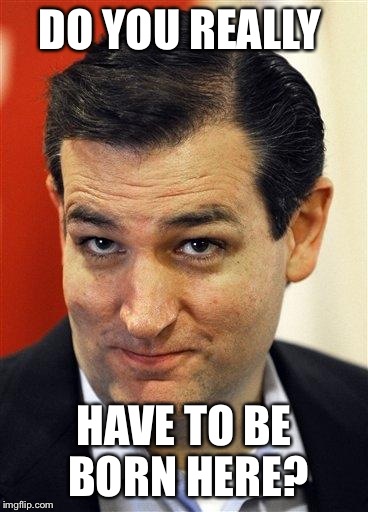 Bashful Ted Cruz | DO YOU REALLY; HAVE TO BE BORN HERE? | image tagged in bashful ted cruz | made w/ Imgflip meme maker