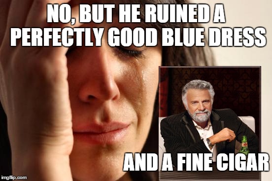 First World Problems Meme | NO, BUT HE RUINED A PERFECTLY GOOD BLUE DRESS AND A FINE CIGAR | image tagged in memes,first world problems | made w/ Imgflip meme maker