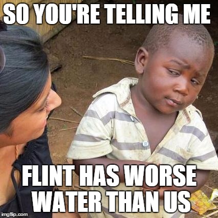 Third World Skeptical Kid Meme | SO YOU'RE TELLING ME; FLINT HAS WORSE WATER THAN US | image tagged in memes,third world skeptical kid | made w/ Imgflip meme maker