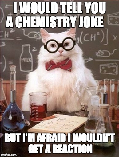 I WOULD TELL YOU A CHEMISTRY JOKE; BUT I'M AFRAID I WOULDN'T GET A REACTION | image tagged in chemistry cat | made w/ Imgflip meme maker