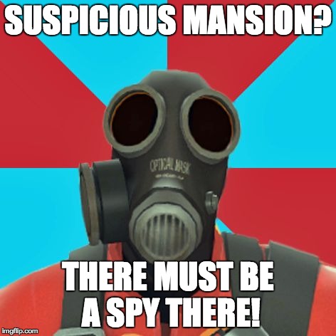 Mann Manor in a nutshell... | SUSPICIOUS MANSION? THERE MUST BE A SPY THERE! | image tagged in paranoid pyro,mann manor,haloween | made w/ Imgflip meme maker