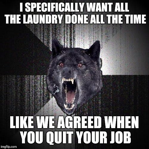 Insanity Wolf | I SPECIFICALLY WANT ALL THE LAUNDRY DONE ALL THE TIME; LIKE WE AGREED WHEN YOU QUIT YOUR JOB | image tagged in memes,insanity wolf,AdviceAnimals | made w/ Imgflip meme maker