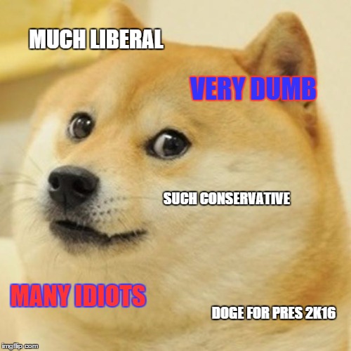 Doge Meme | MUCH LIBERAL; VERY DUMB; SUCH CONSERVATIVE; MANY IDIOTS; DOGE FOR PRES 2K16 | image tagged in memes,doge | made w/ Imgflip meme maker