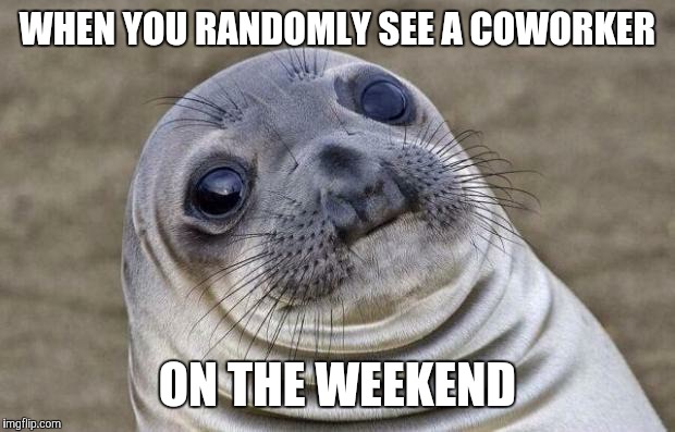 You're not supposed to be here | WHEN YOU RANDOMLY SEE A COWORKER; ON THE WEEKEND | image tagged in memes,awkward moment sealion,coworkers,weekend | made w/ Imgflip meme maker