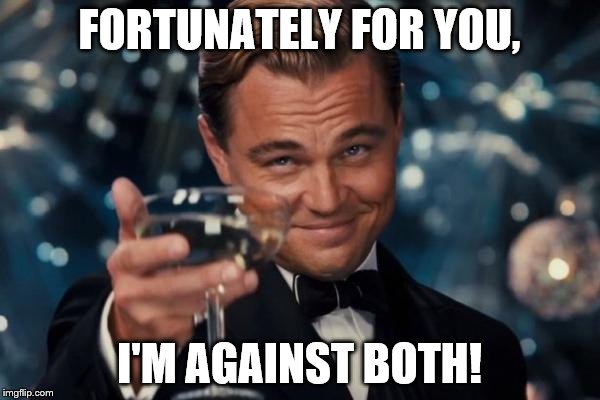 Leonardo Dicaprio Cheers Meme | FORTUNATELY FOR YOU, I'M AGAINST BOTH! | image tagged in memes,leonardo dicaprio cheers | made w/ Imgflip meme maker