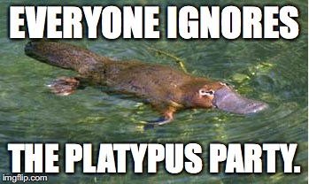 Platypus by Strongly Opinionated Platypus | EVERYONE IGNORES THE PLATYPUS PARTY. | image tagged in platypus by strongly opinionated platypus | made w/ Imgflip meme maker