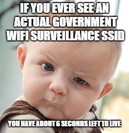 Skeptical Baby Meme | IF YOU EVER SEE AN ACTUAL GOVERNMENT WIFI SURVEILLANCE SSID YOU HAVE ABOUT 6 SECONDS LEFT TO LIVE | image tagged in memes,skeptical baby | made w/ Imgflip meme maker
