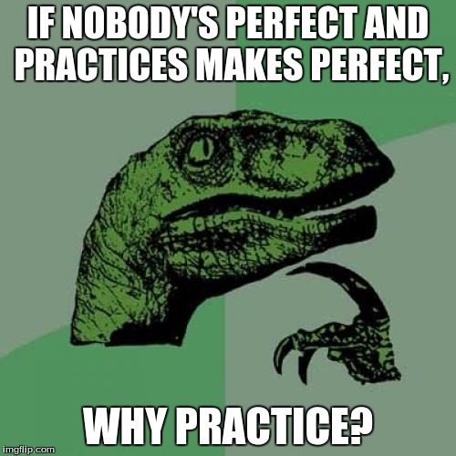 Philosoraptor | IF NOBODY'S PERFECT AND PRACTICES MAKES PERFECT, WHY PRACTICE? | image tagged in memes,philosoraptor | made w/ Imgflip meme maker