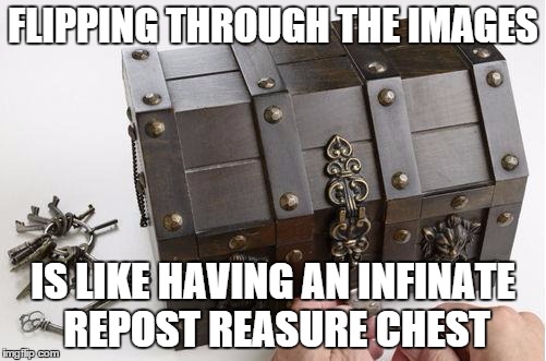 treasurechest | FLIPPING THROUGH THE IMAGES; IS LIKE HAVING AN INFINATE REPOST REASURE CHEST | image tagged in treasurechest | made w/ Imgflip meme maker