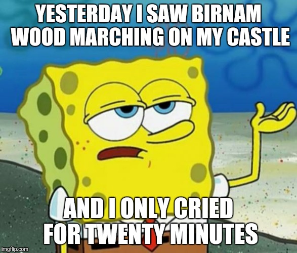 Tough Spongebob | YESTERDAY I SAW BIRNAM WOOD MARCHING ON MY CASTLE; AND I ONLY CRIED FOR TWENTY MINUTES | image tagged in tough spongebob | made w/ Imgflip meme maker