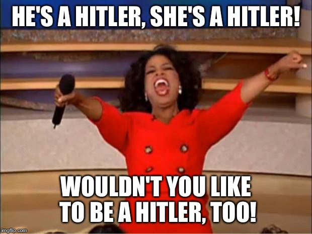 Oprah You Get A Meme | HE'S A HITLER, SHE'S A HITLER! WOULDN'T YOU LIKE TO BE A HITLER, TOO! | image tagged in memes,oprah you get a | made w/ Imgflip meme maker