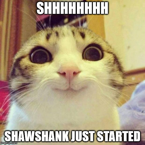 Smiling Cat | SHHHHHHHH; SHAWSHANK JUST STARTED | image tagged in memes,smiling cat | made w/ Imgflip meme maker