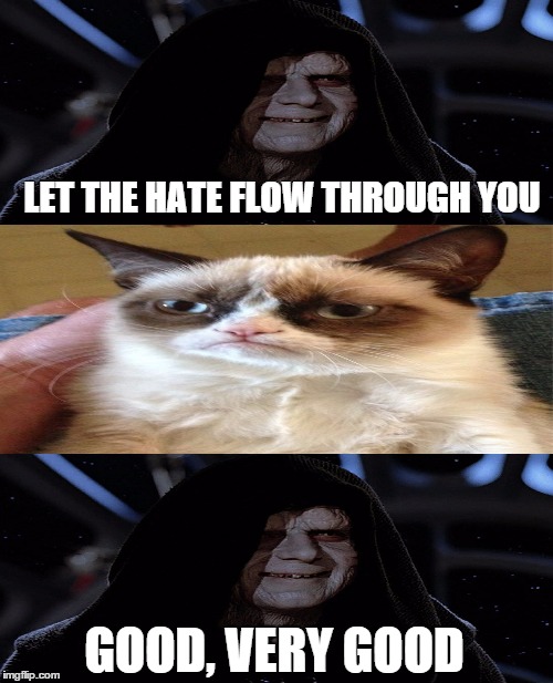 Dark side Kitty | LET THE HATE FLOW THROUGH YOU; GOOD, VERY GOOD | image tagged in memes,grumpy cat,let the hate flow through you | made w/ Imgflip meme maker