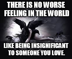 THERE IS NO WORSE FEELING IN THE WORLD; LIKE BEING INSIGNIFICANT TO SOMEONE YOU LOVE. | image tagged in black wings | made w/ Imgflip meme maker