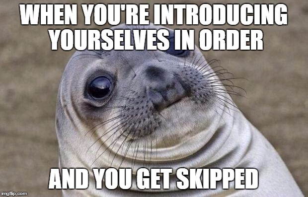 Awkward Moment Sealion Meme | WHEN YOU'RE INTRODUCING YOURSELVES IN ORDER; AND YOU GET SKIPPED | image tagged in memes,awkward moment sealion | made w/ Imgflip meme maker