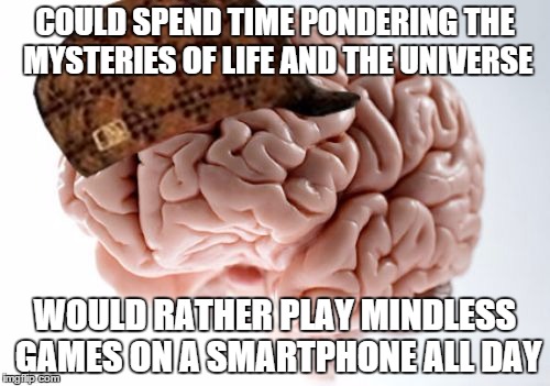 Scumbag Brain Meme | COULD SPEND TIME PONDERING THE MYSTERIES OF LIFE AND THE UNIVERSE; WOULD RATHER PLAY MINDLESS GAMES ON A SMARTPHONE ALL DAY | image tagged in memes,scumbag brain | made w/ Imgflip meme maker