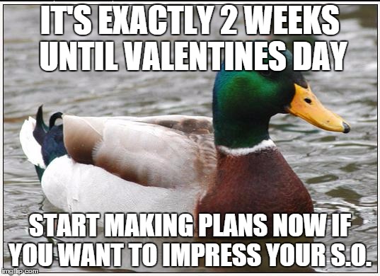 Actual Advice Mallard | IT'S EXACTLY 2 WEEKS UNTIL VALENTINES DAY; START MAKING PLANS NOW IF YOU WANT TO IMPRESS YOUR S.O. | image tagged in memes,actual advice mallard | made w/ Imgflip meme maker