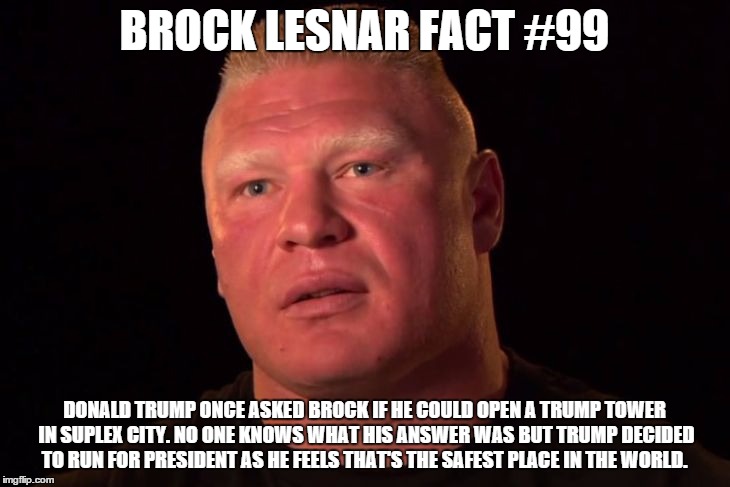 the real reason why trump is running for POTUS | BROCK LESNAR FACT #99; DONALD TRUMP ONCE ASKED BROCK IF HE COULD OPEN A TRUMP TOWER IN SUPLEX CITY. NO ONE KNOWS WHAT HIS ANSWER WAS BUT TRUMP DECIDED TO RUN FOR PRESIDENT AS HE FEELS THAT'S THE SAFEST PLACE IN THE WORLD. | image tagged in brock lesnar,wwe,wwe brock lesnar,funny meme | made w/ Imgflip meme maker