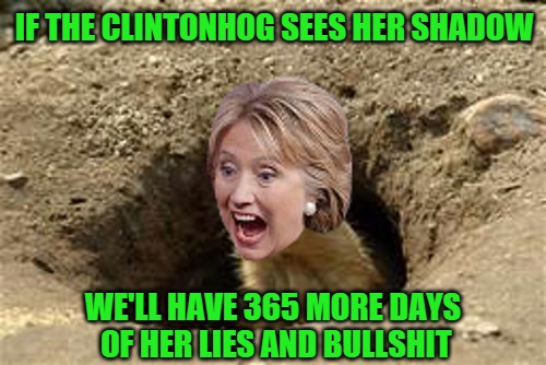 It's Clintonhog Day!!! | IF THE CLINTONHOG SEES HER SHADOW; WE'LL HAVE 365 MORE DAYS OF HER LIES AND BULLSHIT | image tagged in clintonhog | made w/ Imgflip meme maker