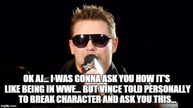 OK AJ... I WAS GONNA ASK YOU HOW IT'S LIKE BEING IN WWE... BUT VINCE TOLD PERSONALLY TO BREAK CHARACTER AND ASK YOU THIS... | made w/ Imgflip meme maker