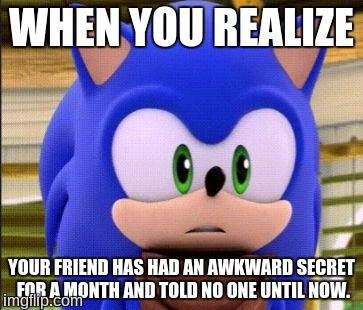surprised sonic | WHEN YOU REALIZE; YOUR FRIEND HAS HAD AN AWKWARD SECRET FOR A MONTH AND TOLD NO ONE UNTIL NOW. | image tagged in surprised sonic,when you realize | made w/ Imgflip meme maker