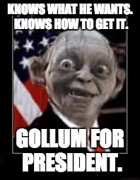 Gollum for president. | KNOWS WHAT HE WANTS. KNOWS HOW TO GET IT. GOLLUM FOR PRESIDENT. | image tagged in gollum,president,presidential race,president 2016 | made w/ Imgflip meme maker