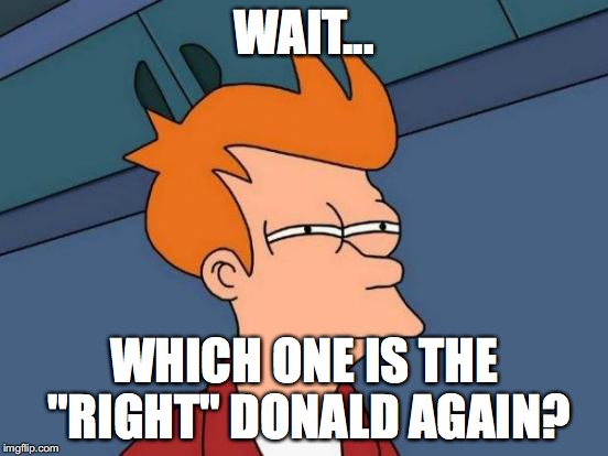 Futurama Fry | WAIT... WHICH ONE IS THE "RIGHT" DONALD AGAIN? | image tagged in memes,futurama fry | made w/ Imgflip meme maker