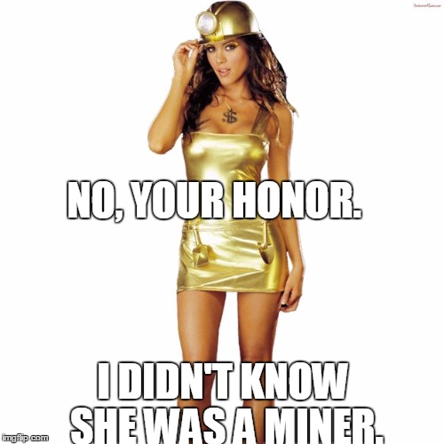 sexy miner | NO, YOUR HONOR. I DIDN'T KNOW SHE WAS A MINER. | image tagged in sexy miner | made w/ Imgflip meme maker