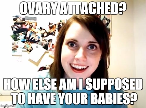 Overly Attached Girlfriend | OVARY ATTACHED? HOW ELSE AM I SUPPOSED TO HAVE YOUR BABIES? | image tagged in memes,overly attached girlfriend | made w/ Imgflip meme maker