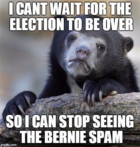 Confession Bear | I CANT WAIT FOR THE ELECTION TO BE OVER; SO I CAN STOP SEEING THE BERNIE SPAM | image tagged in memes,confession bear | made w/ Imgflip meme maker