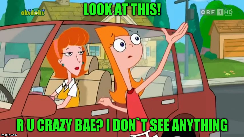 LOOK AT THIS! R U CRAZY BAE? I DON`T SEE ANYTHING | image tagged in mom phineas  ferb | made w/ Imgflip meme maker