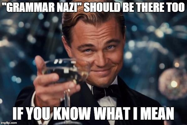 Leonardo Dicaprio Cheers Meme | "GRAMMAR NAZI" SHOULD BE THERE TOO IF YOU KNOW WHAT I MEAN | image tagged in memes,leonardo dicaprio cheers | made w/ Imgflip meme maker