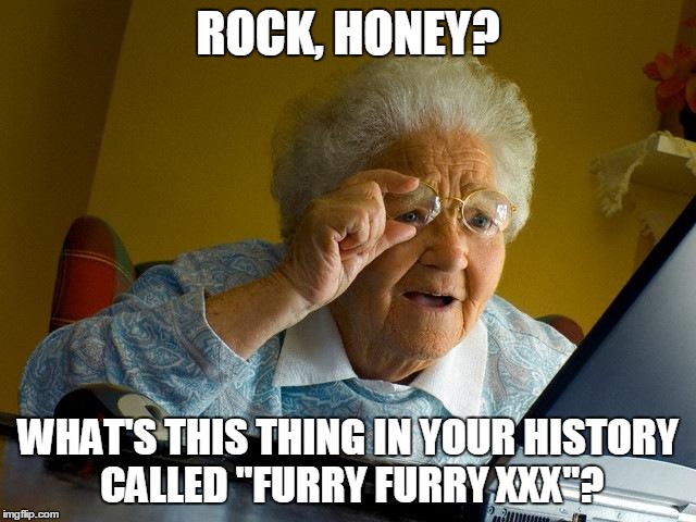 Grandma Finds The Internet Meme | ROCK, HONEY? WHAT'S THIS THING IN YOUR HISTORY CALLED "FURRY FURRY XXX"? | image tagged in memes,grandma finds the internet | made w/ Imgflip meme maker