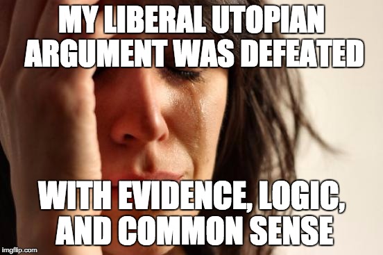 First World Problems Meme | MY LIBERAL UTOPIAN ARGUMENT WAS DEFEATED; WITH EVIDENCE, LOGIC, AND COMMON SENSE | image tagged in memes,first world problems | made w/ Imgflip meme maker