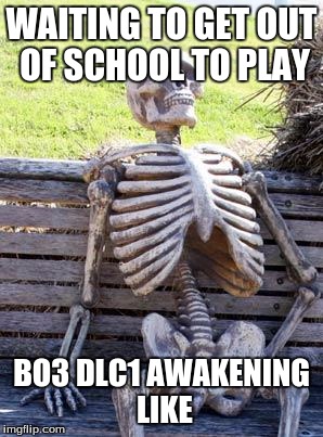 Waiting Skeleton | WAITING TO GET OUT OF SCHOOL TO PLAY; BO3 DLC1 AWAKENING LIKE | image tagged in memes,waiting skeleton | made w/ Imgflip meme maker