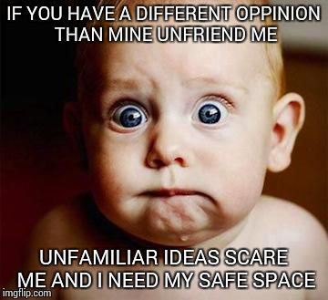 scared baby | IF YOU HAVE A DIFFERENT OPPINION THAN MINE UNFRIEND ME; UNFAMILIAR IDEAS SCARE ME AND I NEED MY SAFE SPACE | image tagged in scared baby | made w/ Imgflip meme maker