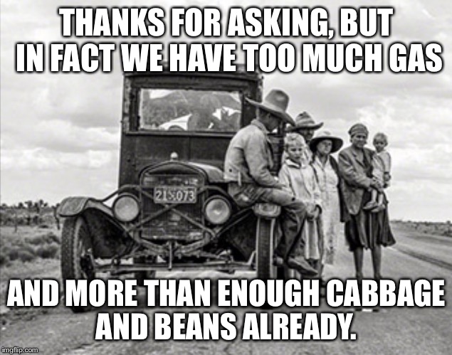 DEPRESSION TRAVELERS | THANKS FOR ASKING, BUT IN FACT WE HAVE TOO MUCH GAS; AND MORE THAN ENOUGH CABBAGE AND BEANS ALREADY. | image tagged in depression travelers | made w/ Imgflip meme maker