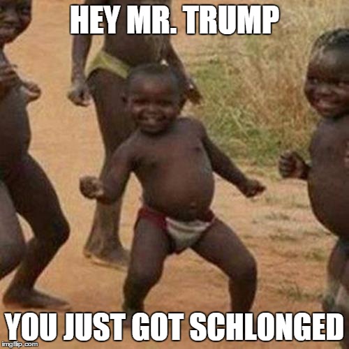 Third World Success Kid Meme | HEY MR. TRUMP; YOU JUST GOT SCHLONGED | image tagged in memes,third world success kid | made w/ Imgflip meme maker