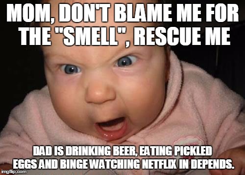 Evil Baby Meme | MOM, DON'T BLAME ME FOR THE "SMELL", RESCUE ME; DAD IS DRINKING BEER, EATING PICKLED EGGS AND BINGE WATCHING NETFLIX IN DEPENDS. | image tagged in memes,evil baby | made w/ Imgflip meme maker
