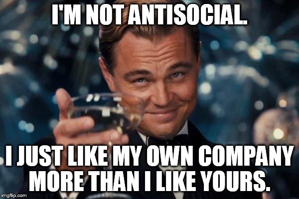 I like me better than you :) | I'M NOT ANTISOCIAL. I JUST LIKE MY OWN COMPANY MORE THAN I LIKE YOURS. | image tagged in memes,leonardo dicaprio cheers | made w/ Imgflip meme maker