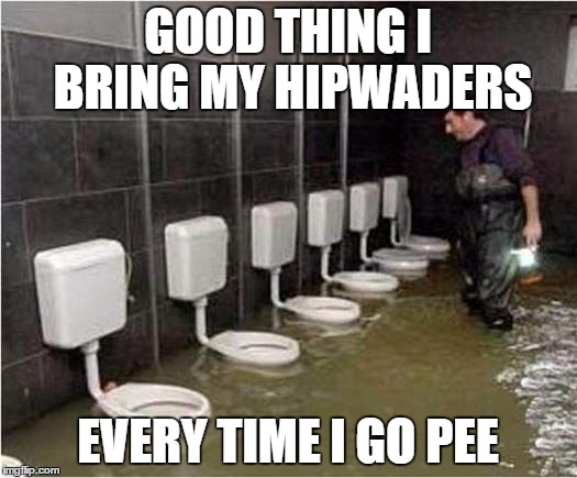 Toilet suffering | GOOD THING I BRING MY HIPWADERS; EVERY TIME I GO PEE | image tagged in toilet suffering | made w/ Imgflip meme maker