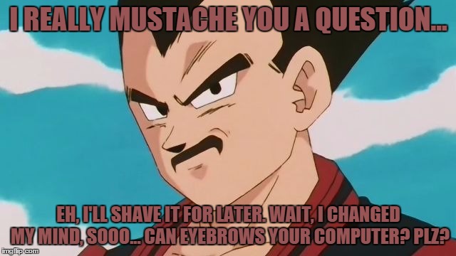 Moustache | I REALLY MUSTACHE YOU A QUESTION... EH, I'LL SHAVE IT FOR LATER. WAIT, I CHANGED MY MIND, SOOO... CAN EYEBROWS YOUR COMPUTER? PLZ? | image tagged in moustache | made w/ Imgflip meme maker