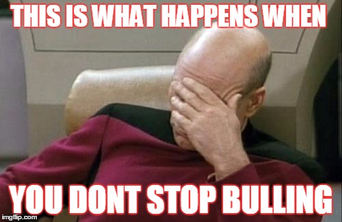 Captain Picard Facepalm | THIS IS WHAT HAPPENS WHEN; YOU DONT STOP BULLING | image tagged in memes,captain picard facepalm | made w/ Imgflip meme maker