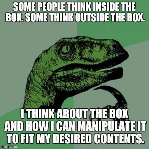 Taking my bipolar lemons and making success orangeade. | SOME PEOPLE THINK INSIDE THE BOX. SOME THINK OUTSIDE THE BOX. I THINK ABOUT THE BOX AND HOW I CAN MANIPULATE IT TO FIT MY DESIRED CONTENTS. | image tagged in memes,philosoraptor,deep thought,philosophy,thinking meme | made w/ Imgflip meme maker