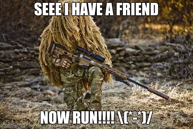 Sniper | SEEE I HAVE A FRIEND; NOW RUN!!!! \(*-*)/ | image tagged in sniper | made w/ Imgflip meme maker