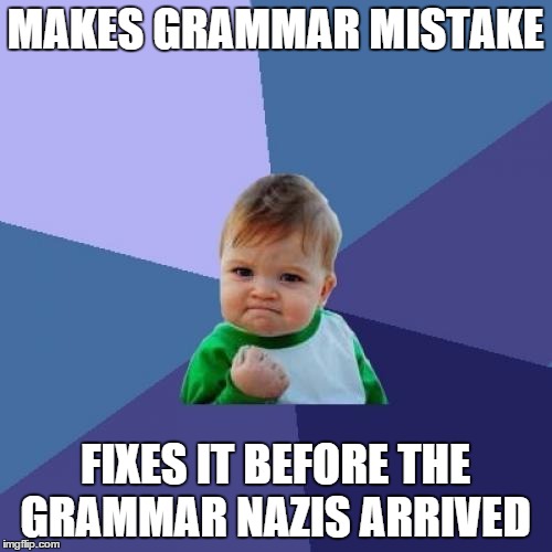 Success Kid Meme | MAKES GRAMMAR MISTAKE FIXES IT BEFORE THE GRAMMAR NAZIS ARRIVED | image tagged in memes,success kid | made w/ Imgflip meme maker